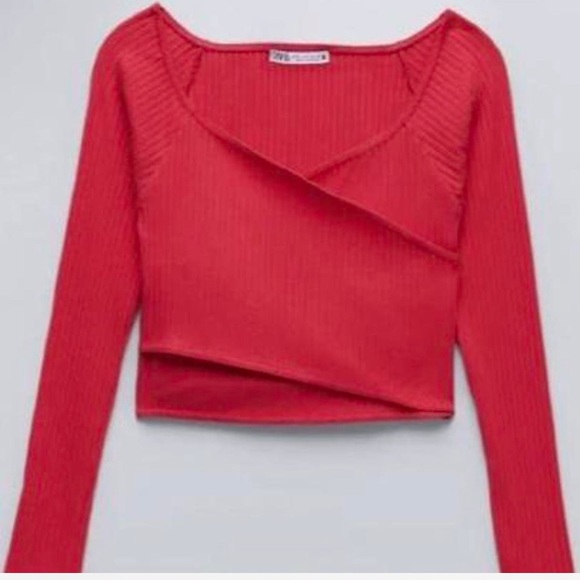 ZARA strawberry red ribbed crop long sleeve faux wrap top NWT size: large - Picture 2 of 3